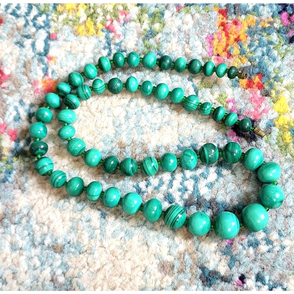 Vintage Soft Luster Malachite and Glass bead Graduated Natural Necklace 21 "